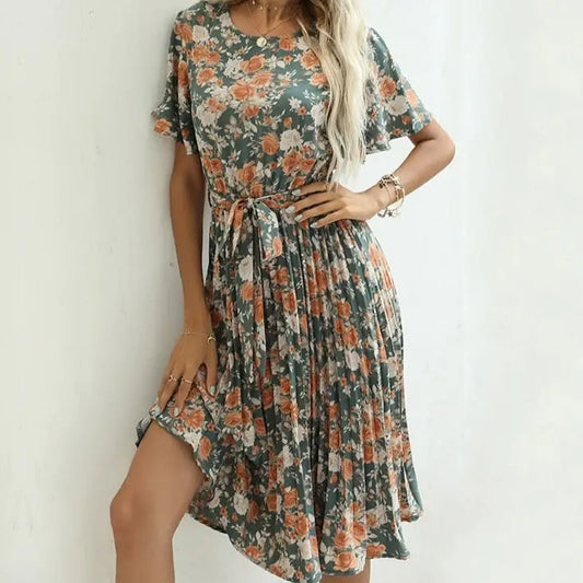 Robe Fleurie Mi-Longue Kaki | Dame Fleur