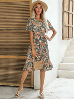 Robe Fleurie Mi-Longue Kaki - Vignette | Dame Fleur