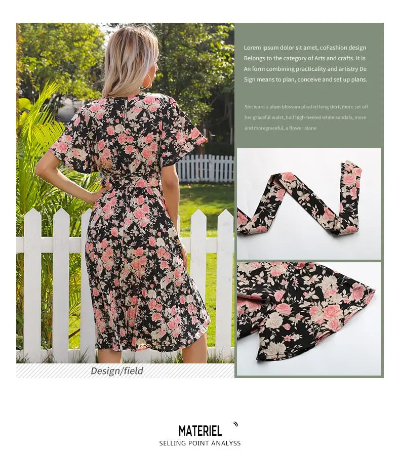 Robe Fleurie Mi-Longue Kaki | Dame Fleur
