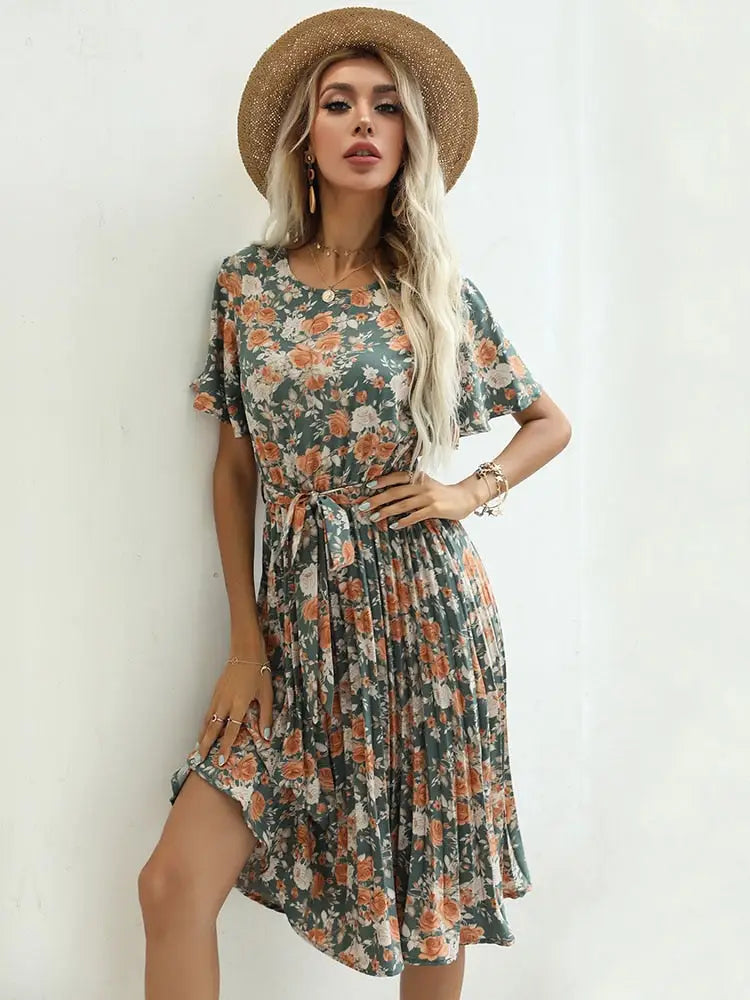 Robe Fleurie Mi-Longue Kaki | Dame Fleur