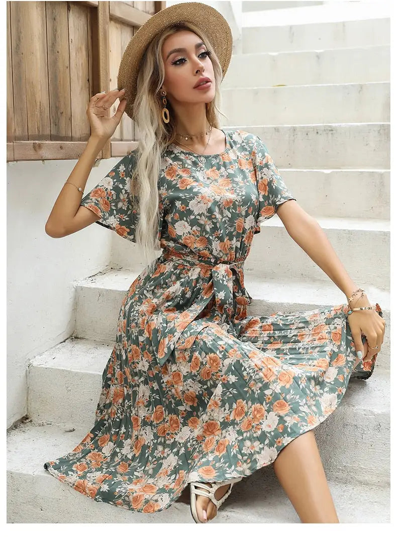 Robe Fleurie Mi-Longue Kaki | Dame Fleur