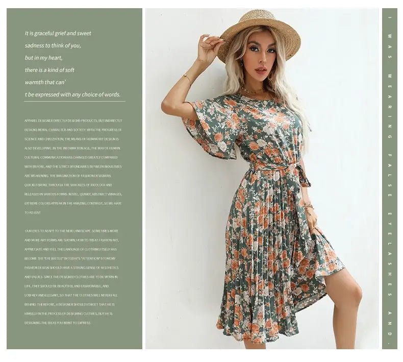 Robe Fleurie Mi-Longue Kaki | Dame Fleur