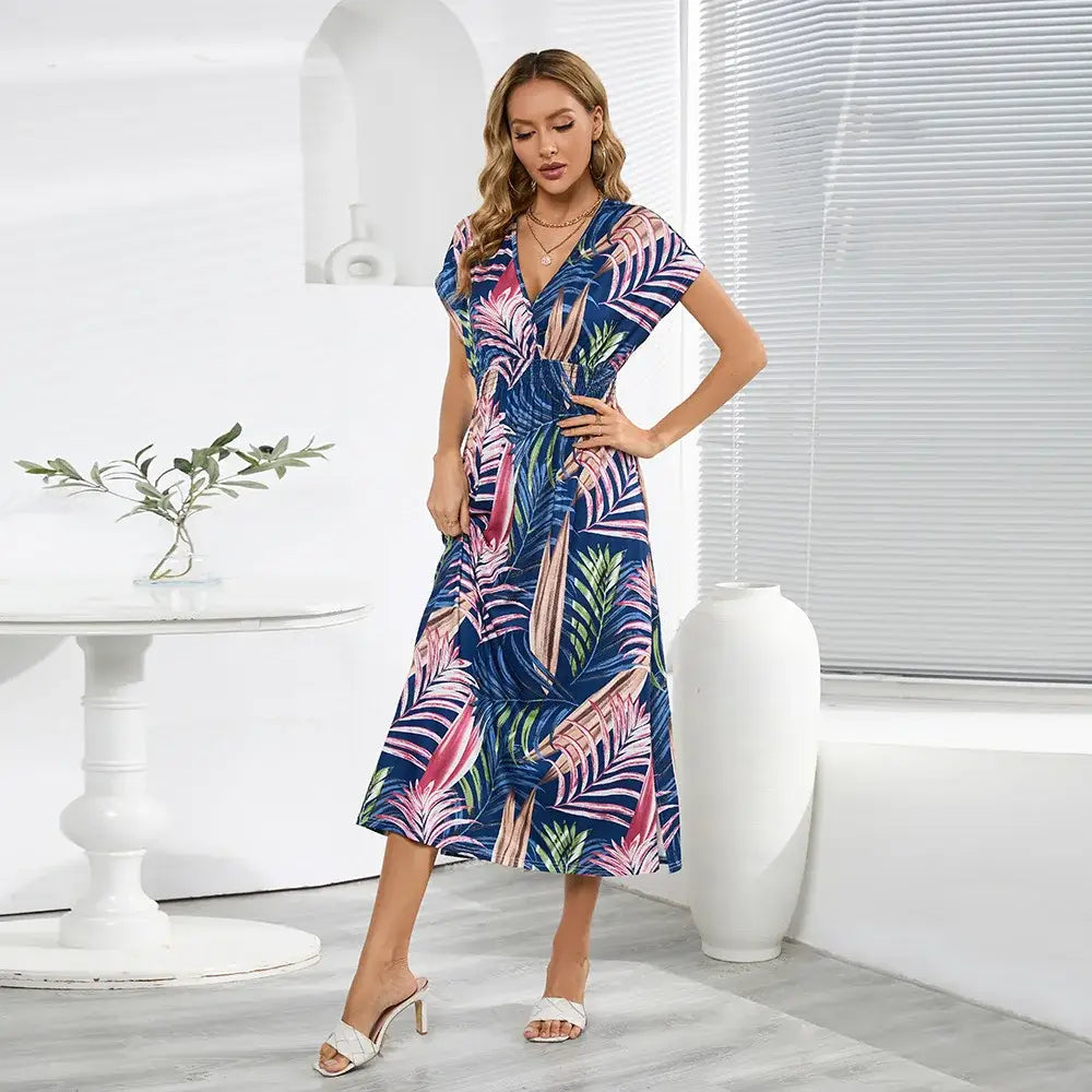 Robe Fleurie Mi-Longue Manche Chauve-Souris | Dame Fleur