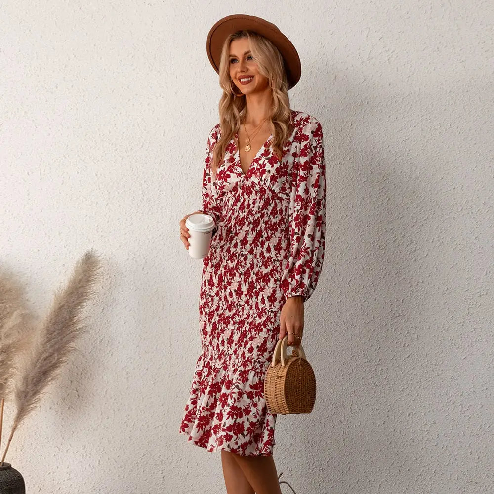 Robe Fleurie Mi-Longue Manches Bouffantes | Dame Fleur