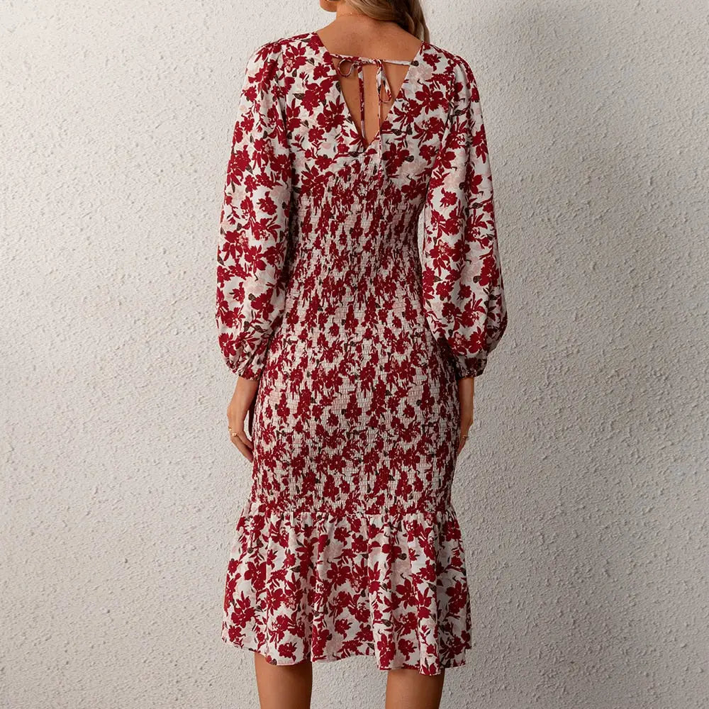 Robe Fleurie Mi-Longue Manches Bouffantes | Dame Fleur
