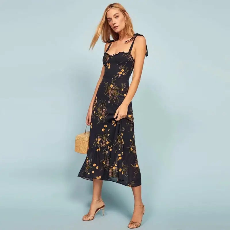 Robe Fleurie Noire à Bretelles | Dame Fleur