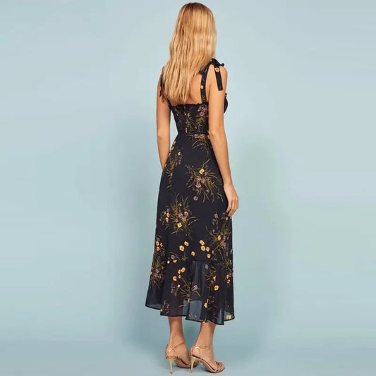 Robe Fleurie Noire à Bretelles | Dame Fleur
