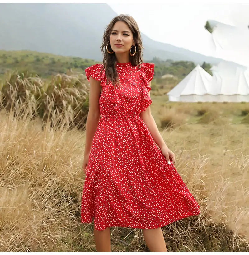 Robe Fleurie Rouge Mi-Longue | Dame Fleur