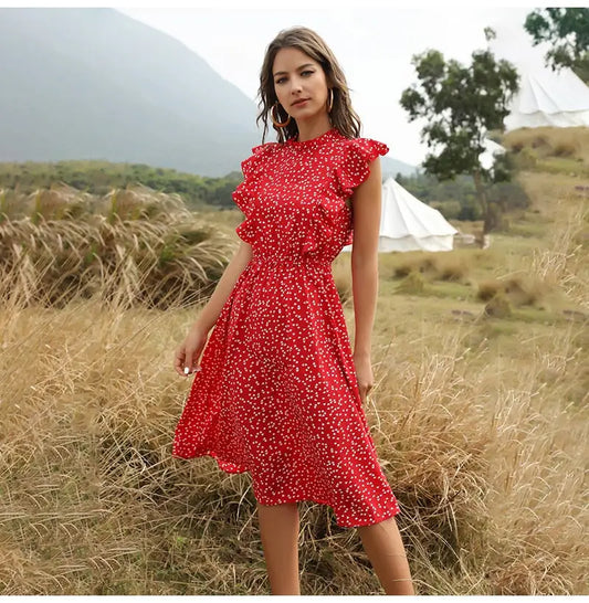 Robe Fleurie Rouge Mi-Longue | Dame Fleur