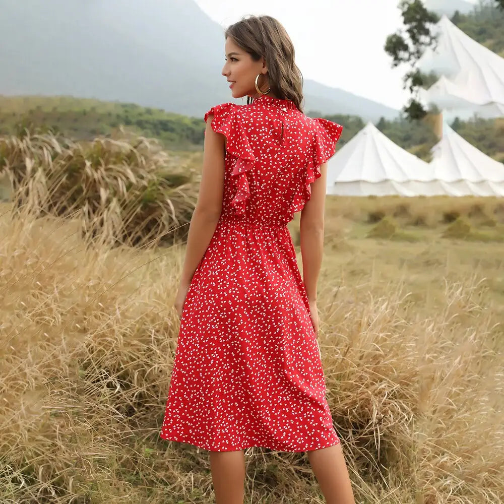 Robe Fleurie Rouge Mi-Longue | Dame Fleur