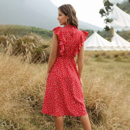 Robe Fleurie Rouge Mi-Longue | Dame Fleur