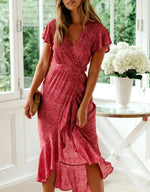 Robe Fleurie Rouge Portefeuille Mi-Longue - Vignette | Dame Fleur