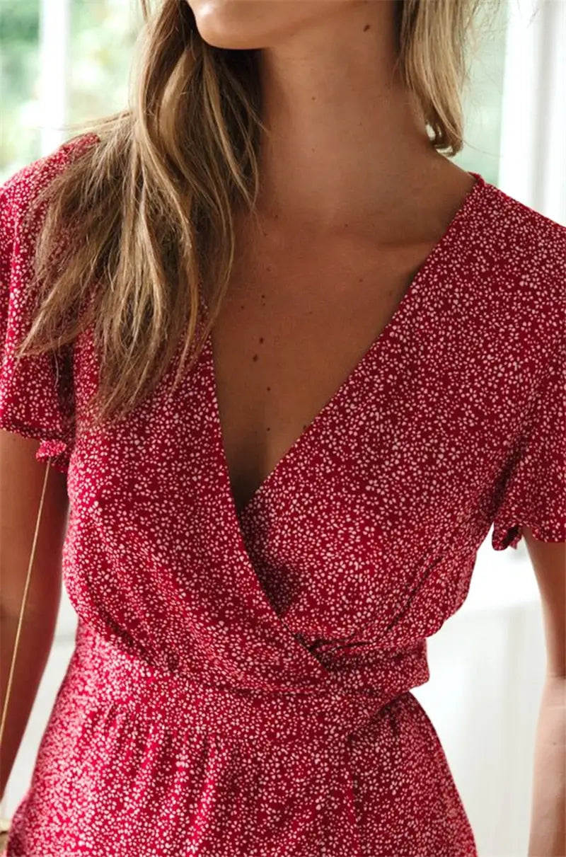 Robe Fleurie Rouge Portefeuille Mi-Longue | Dame Fleur