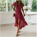 Robe Fleurie Rouge Portefeuille Mi-Longue - Vignette | Dame Fleur