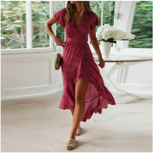Robe Fleurie Rouge Portefeuille Mi-Longue | Dame Fleur