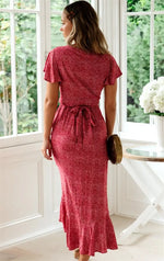Robe Fleurie Rouge Portefeuille Mi-Longue - Vignette | Dame Fleur
