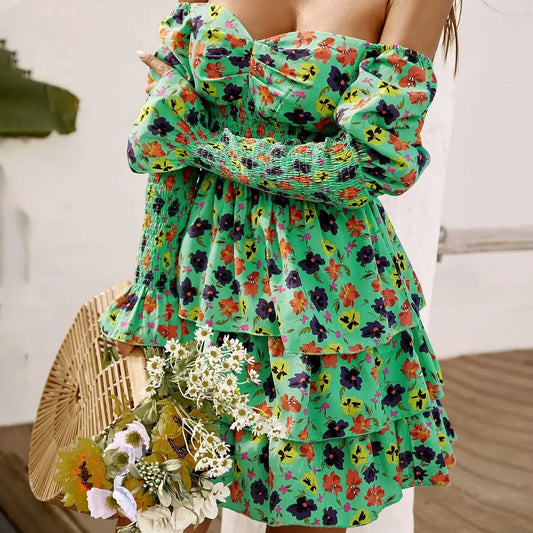 Robe Fleurie Verte Col Barbot | Dame Fleur