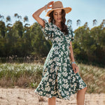 Robe Fluide Verte Fleurie Mi-Longue - Vignette | Dame Fleur
