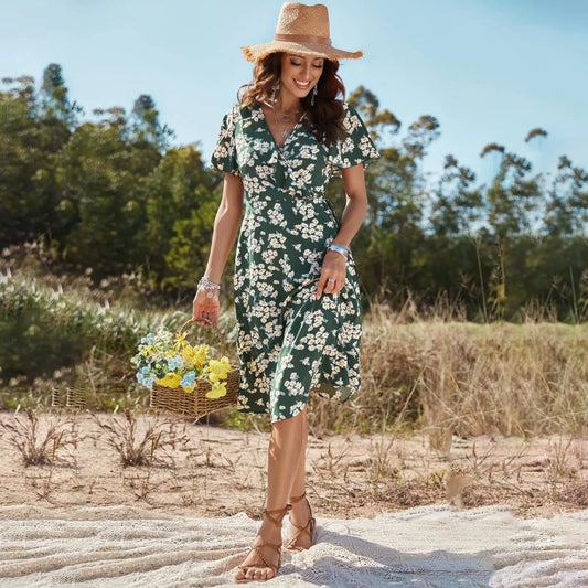 Robe Fluide Verte Fleurie Mi-Longue | Dame Fleur