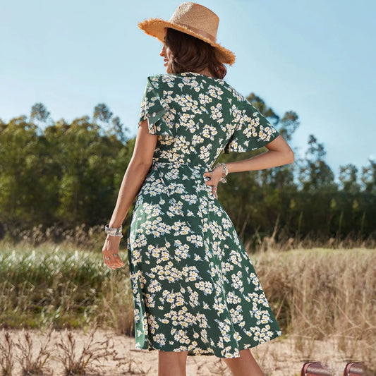 Robe Fluide Verte Fleurie Mi-Longue | Dame Fleur