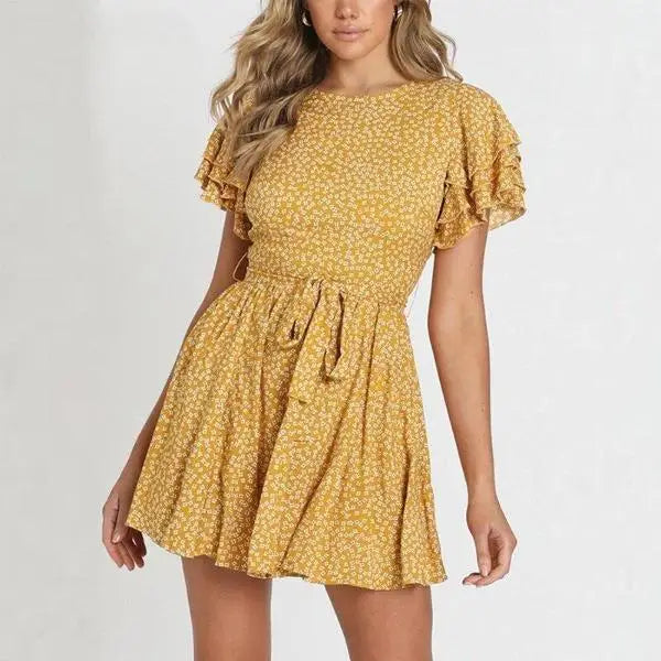 Robe Jaune Fleurie Courte | Dame Fleur