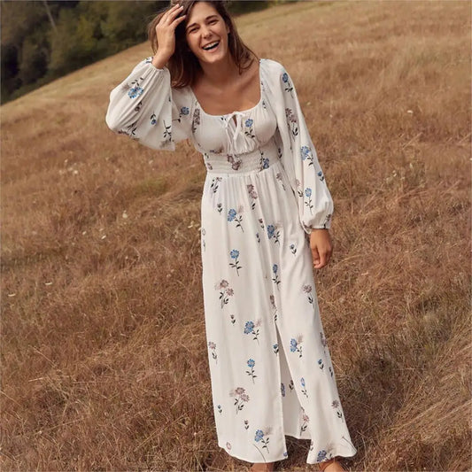 Robe Longue Blanche Fleurie | Dame Fleur