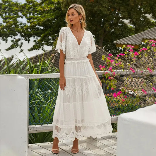 Robe Longue Blanche Fleurie Manche Dentelle | Dame Fleur