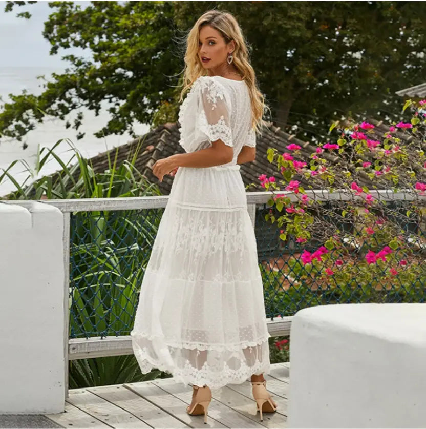 Robe Longue Blanche Fleurie Manche Dentelle | Dame Fleur