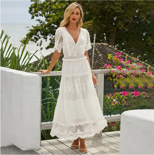 Robe Longue Blanche Fleurie Manche Dentelle | Dame Fleur