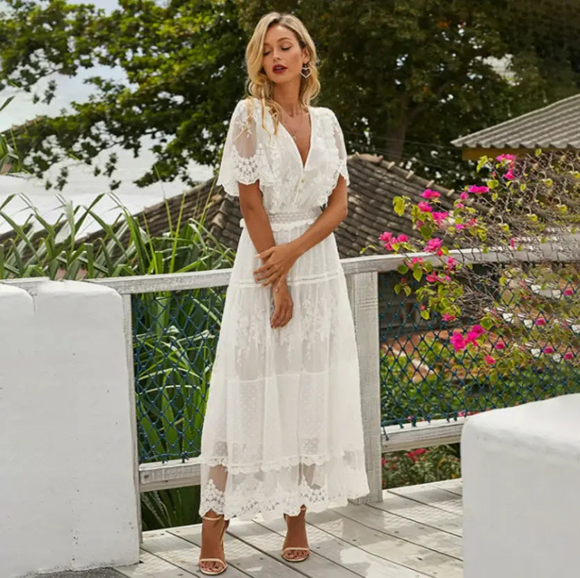 Robe Longue Blanche Fleurie Manche Dentelle | Dame Fleur