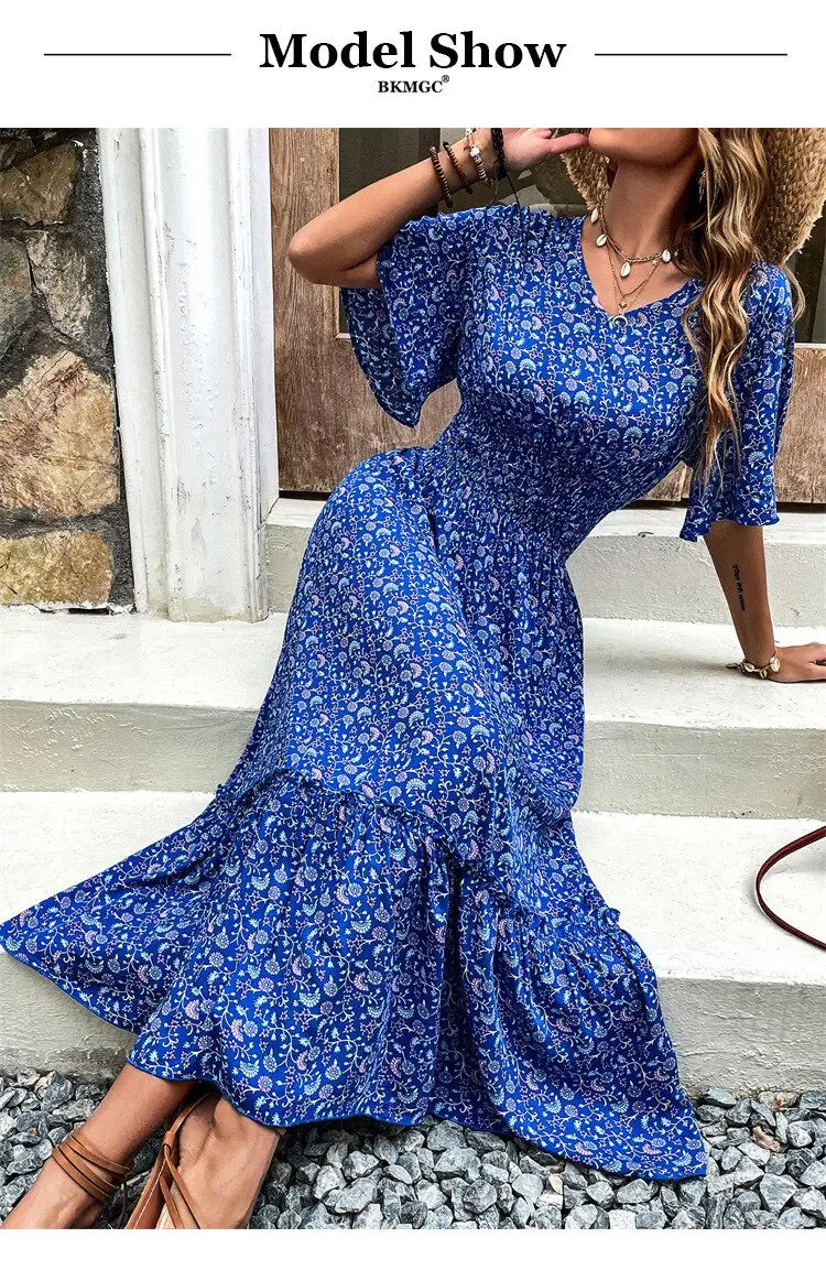Robe Longue Bleu Fleurie | Dame Fleur
