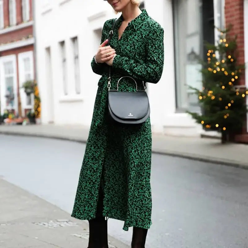 Robe Longue Chemise Verte Fleurie | Dame Fleur