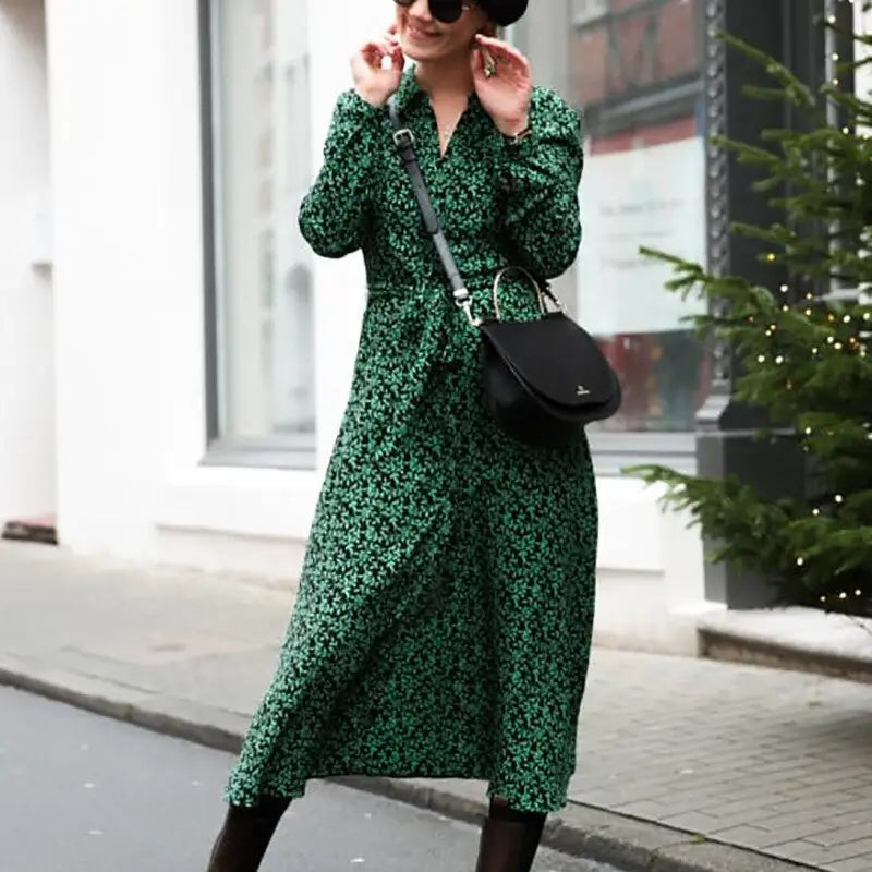 Robe Longue Chemise Verte Fleurie | Dame Fleur