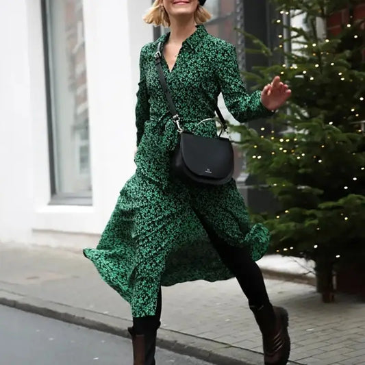 Robe Longue Chemise Verte Fleurie | Dame Fleur