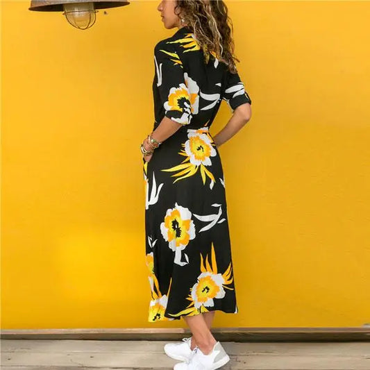 Robe Longue Col Chemisier Fleurie | Dame Fleur