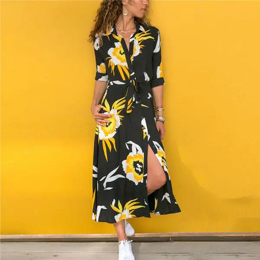 Robe Longue Col Chemisier Fleurie | Dame Fleur