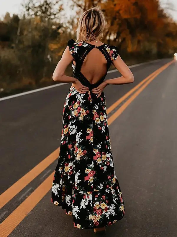 Robe Longue Dos Nu à Dentelle Fleurie | Dame Fleur