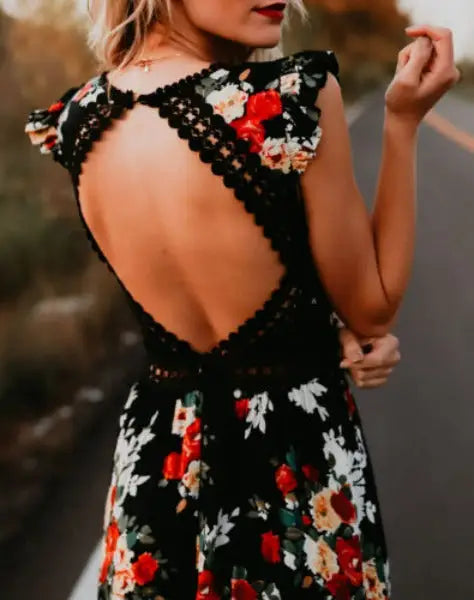 Robe Longue Dos Nu à Dentelle Fleurie | Dame Fleur
