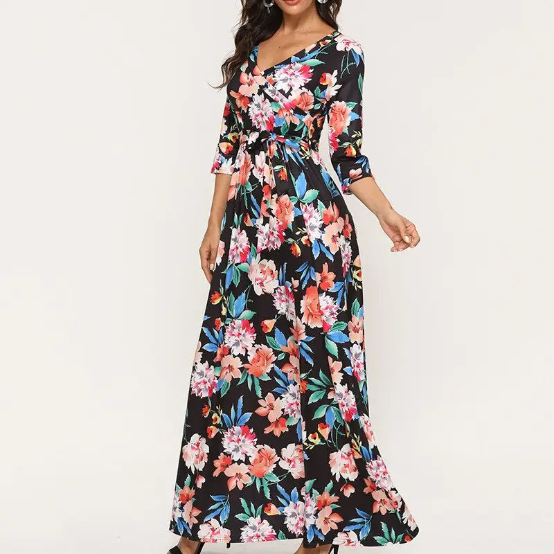 Robe Longue Fleurie Col V | Dame Fleur