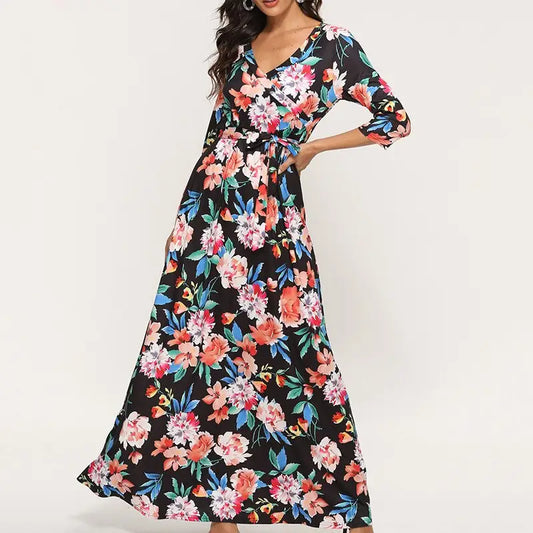 Robe Longue Fleurie Col V | Dame Fleur