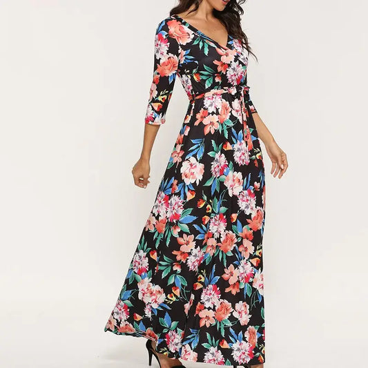 Robe Longue Fleurie Col V | Dame Fleur