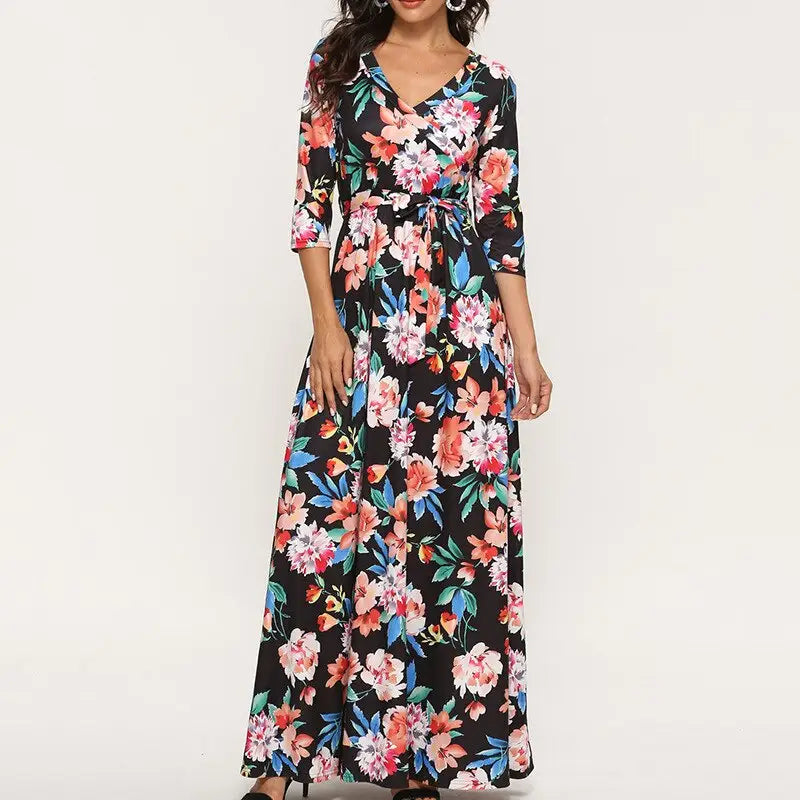 Robe Longue Fleurie Col V | Dame Fleur