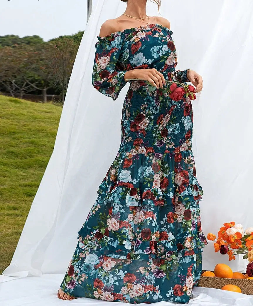 Robe Longue Fleurie Fluide Col Bateau | Dame Fleur