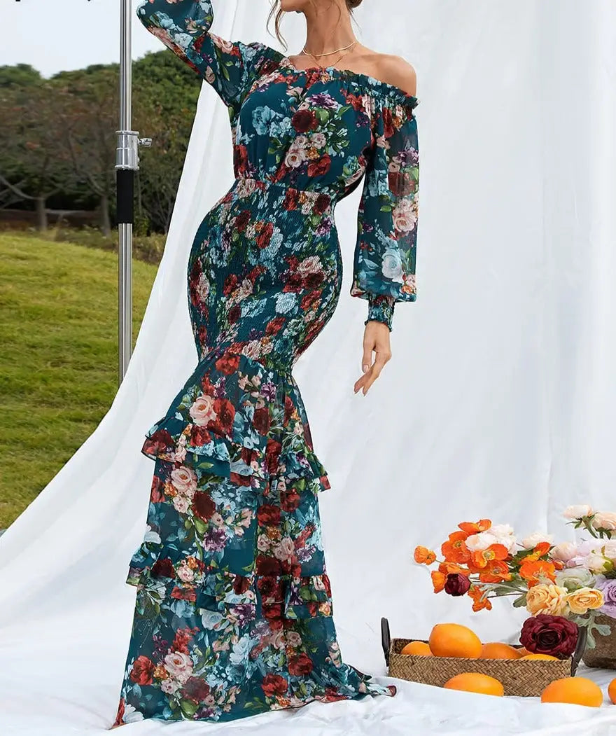 Robe Longue Fleurie Fluide Col Bateau | Dame Fleur