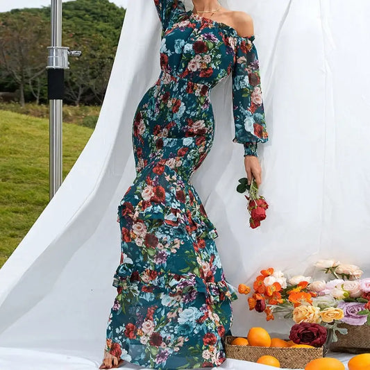 Robe Longue Fleurie Fluide Col Bateau | Dame Fleur