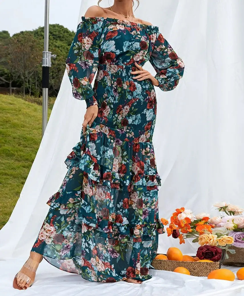 Robe Longue Fleurie Fluide Col Bateau | Dame Fleur