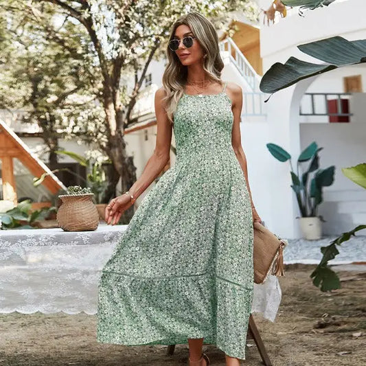 Robe Longue Fluide Fleurie Verte | Dame Fleur
