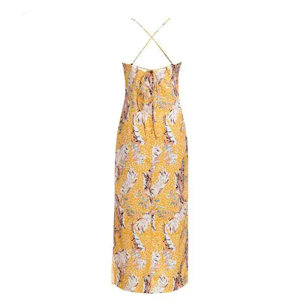 Robe Longue Jaune Dos Nu Fleurie | Dame Fleur