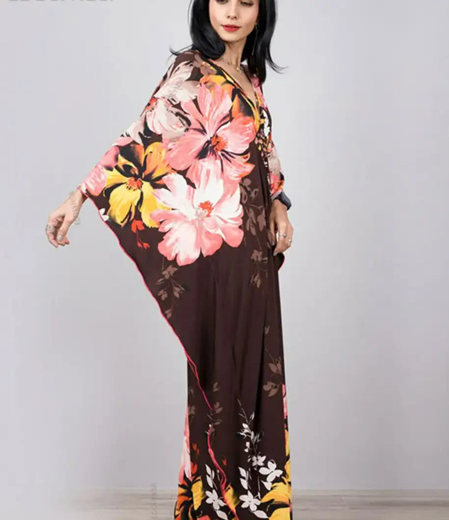 Robe Longue Manche Ample Fleurie | Dame Fleur