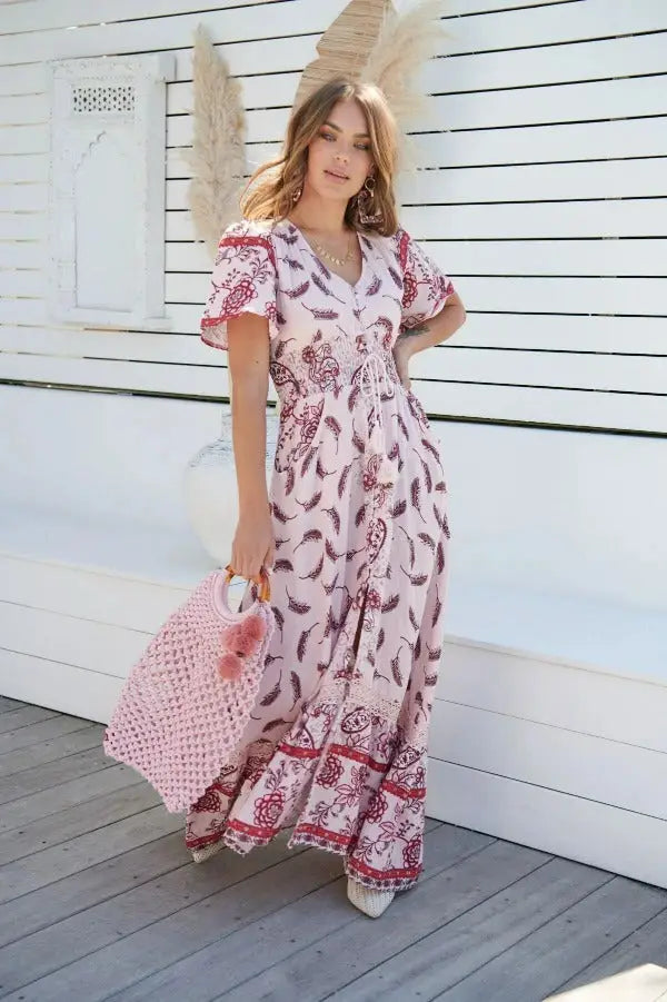 Robe Longue Rose Bohème Fleurie | Dame Fleur